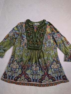 Farmers Market by One World Printed Knit Velvet Bib Boho Tunic Blouse Top